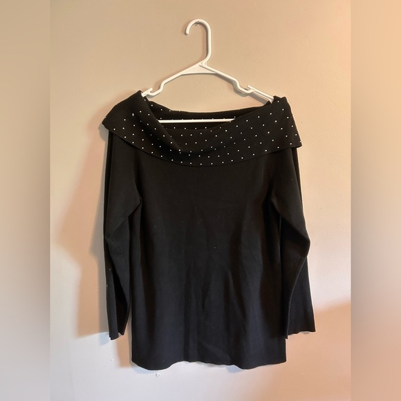 Y2K Quacker Factory Off Shoulder Rhinestone Black Sweater - Picture 2 of 4